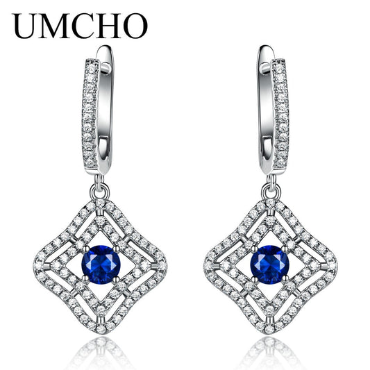 UMCHO Blue Sapphire Long Clip Earrings For Women Real Silver 925 Jewelry Designer Luxury Gemstone Women Accessories 2018 New