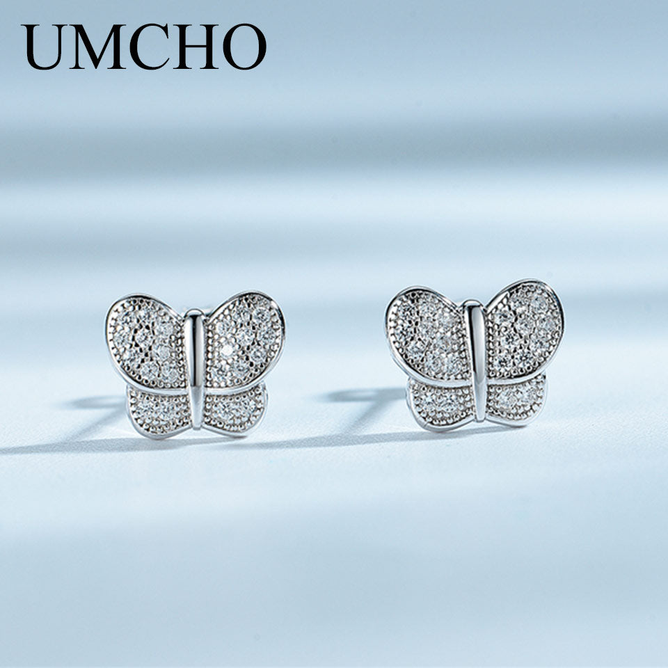 UMCHO Clear Stone Butterfly Silver Stud Earrings 925 Sterling Silver Earrings For Women Romatic Wedding Gift Fine Jewelry