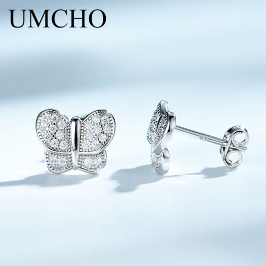 UMCHO Clear Stone Butterfly Silver Stud Earrings 925 Sterling Silver Earrings For Women Romatic Wedding Gift Fine Jewelry