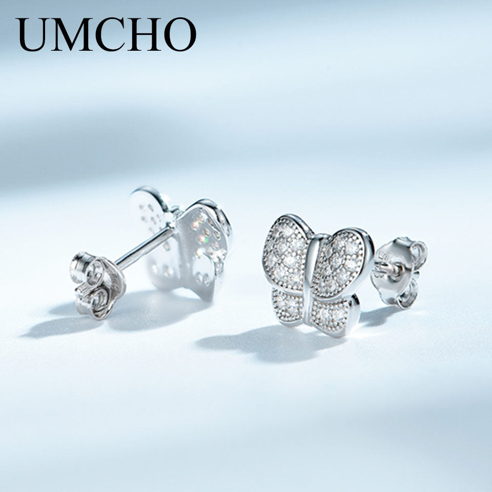 UMCHO Clear Stone Butterfly Silver Stud Earrings 925 Sterling Silver Earrings For Women Romatic Wedding Gift Fine Jewelry