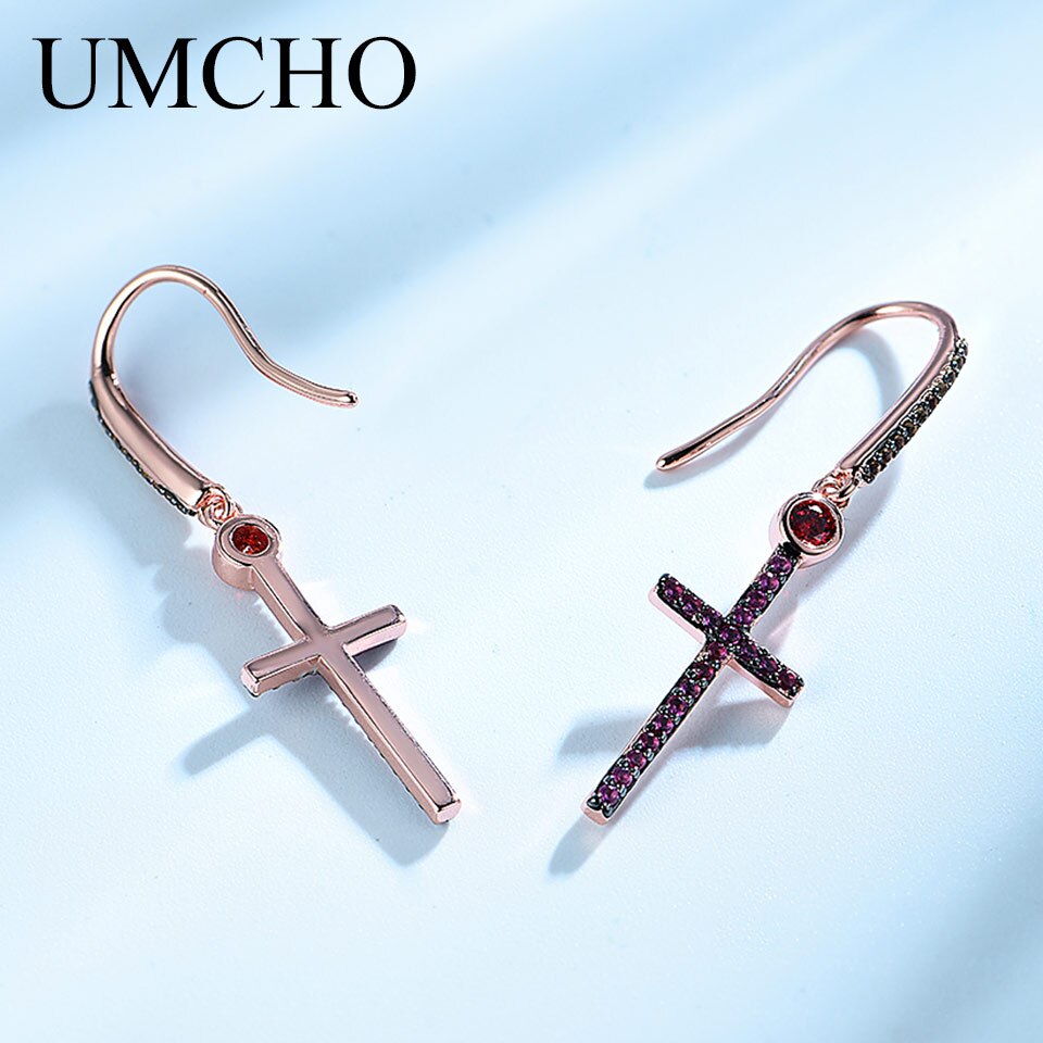 UMCHO Created Nano Ruby Cross Drop Earrings Solid 925 Sterling Silver Earrings For Women Wedding Engagement Statement Jewelry