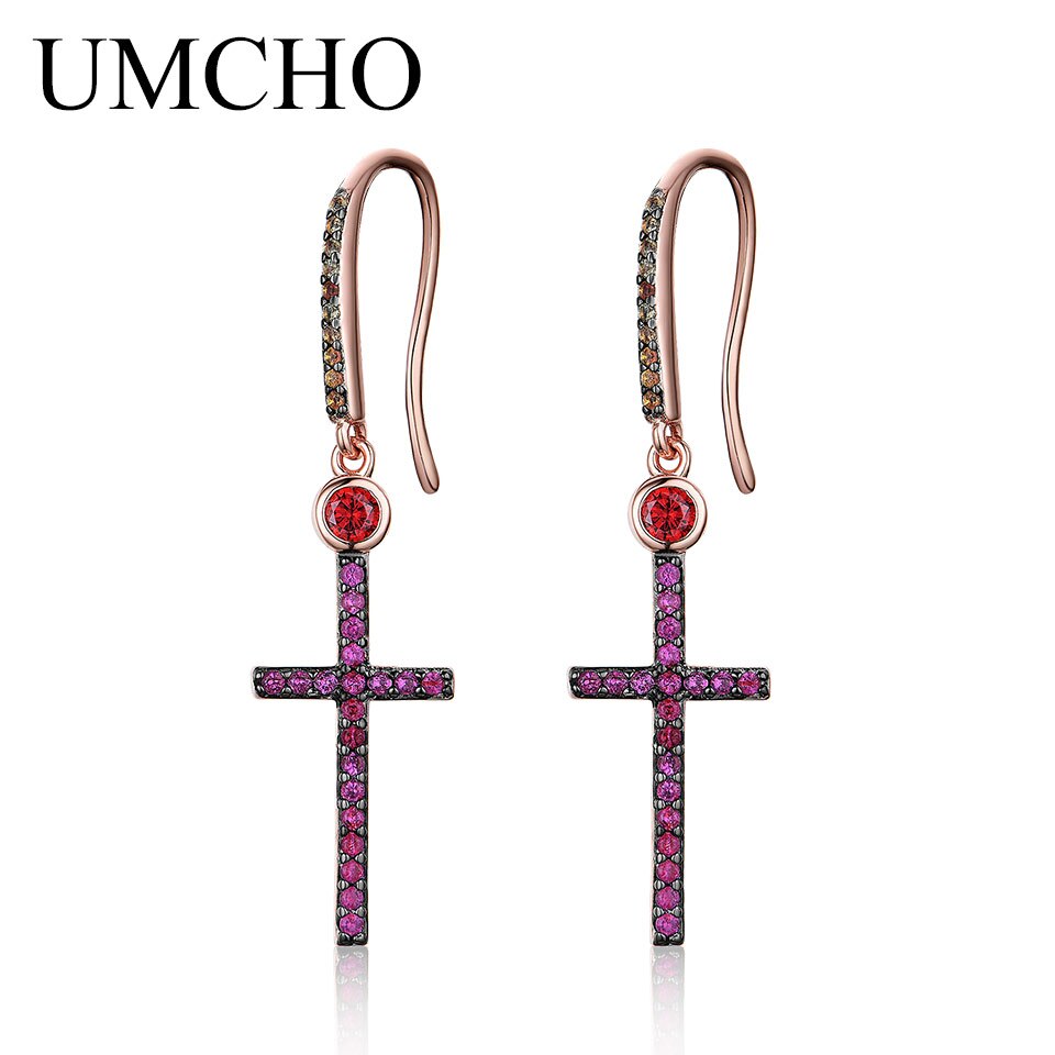 UMCHO Created Nano Ruby Cross Drop Earrings Solid 925 Sterling Silver Earrings For Women Wedding Engagement Statement Jewelry