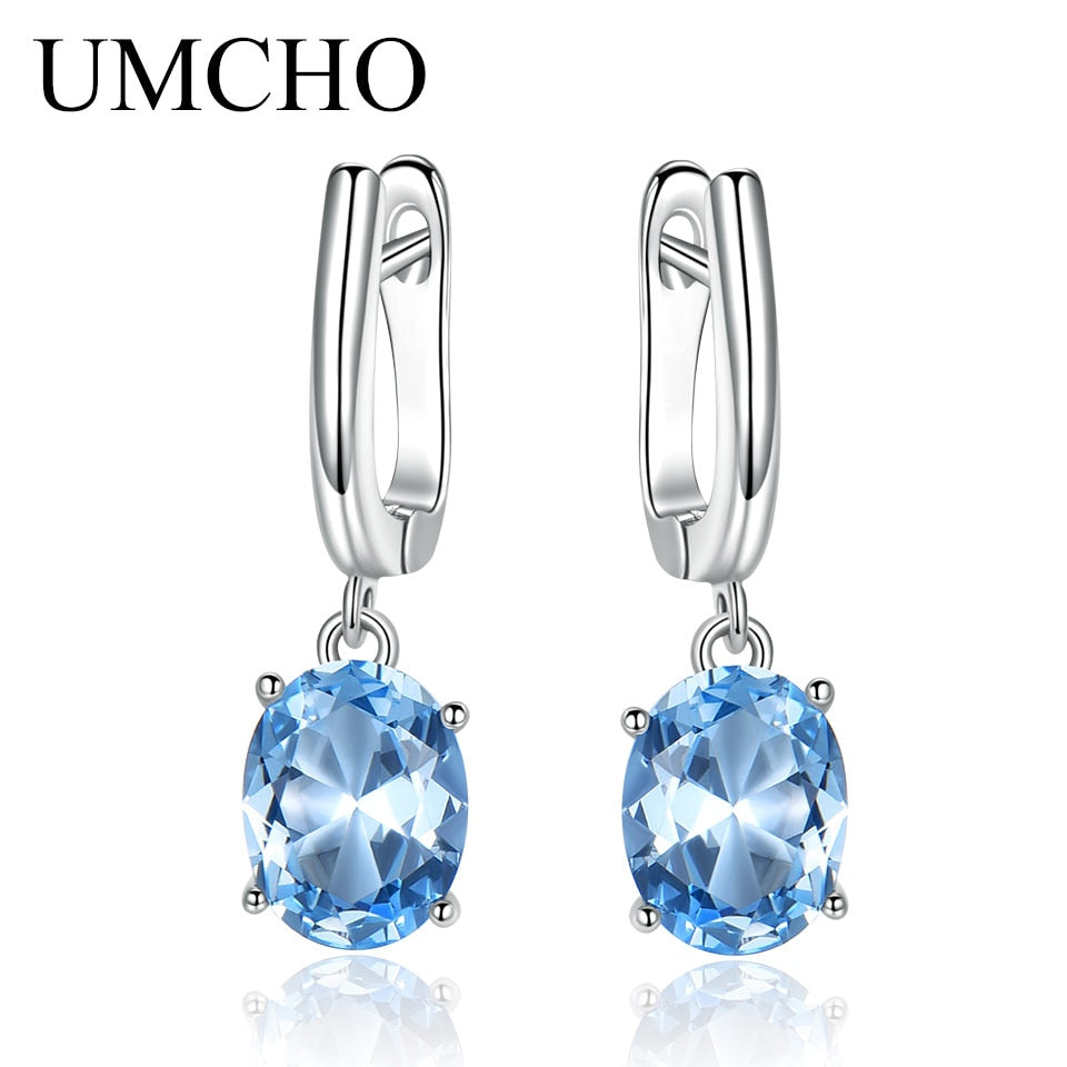 UMCHO Emerald Gemstone Long Clip Earrings for Women Genuine 925 Sterling Silver Korea Earrings Fashion Wedding Fine Jewelry Gift