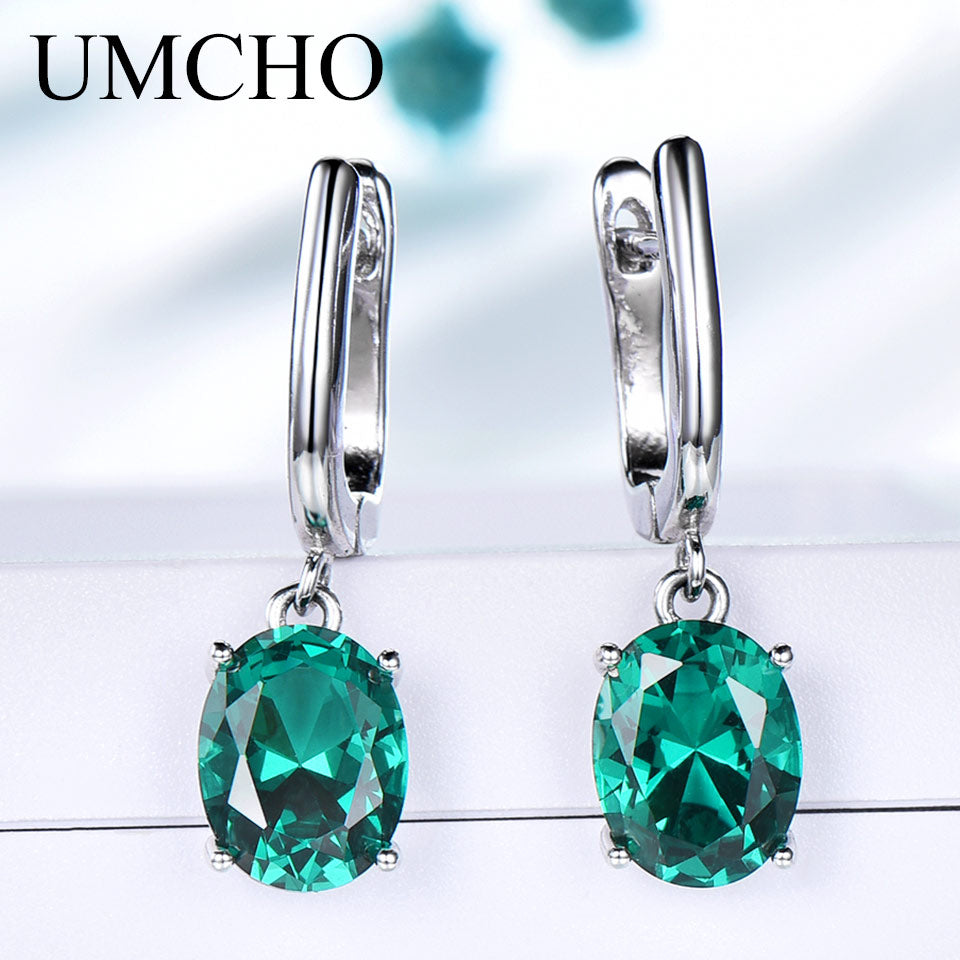 UMCHO Emerald Gemstone Long Clip Earrings for Women Genuine 925 Sterling Silver Korea Earrings Fashion Wedding Fine Jewelry Gift