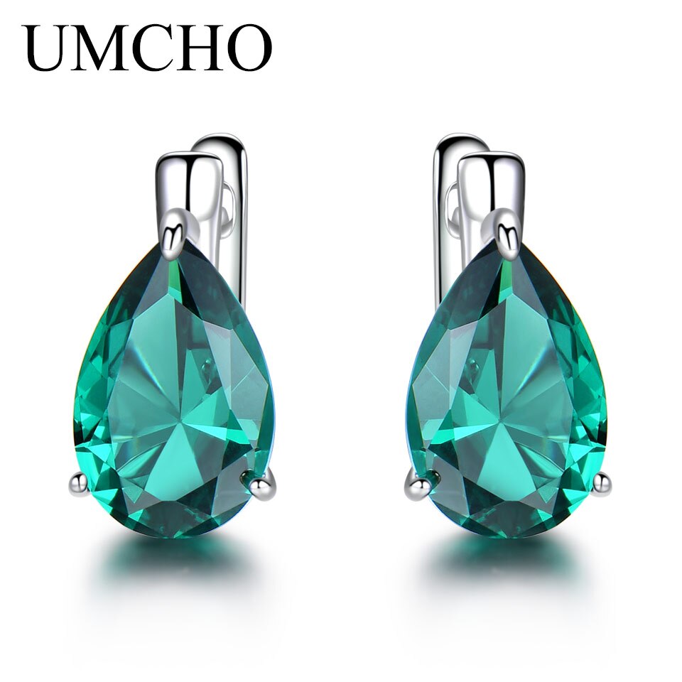 UMCHO Genuine 925 Sterling Silver Clip Earrings for Women Halo Green Created Emerald Gemstone Party Wedding Jewelry Gift For Mom