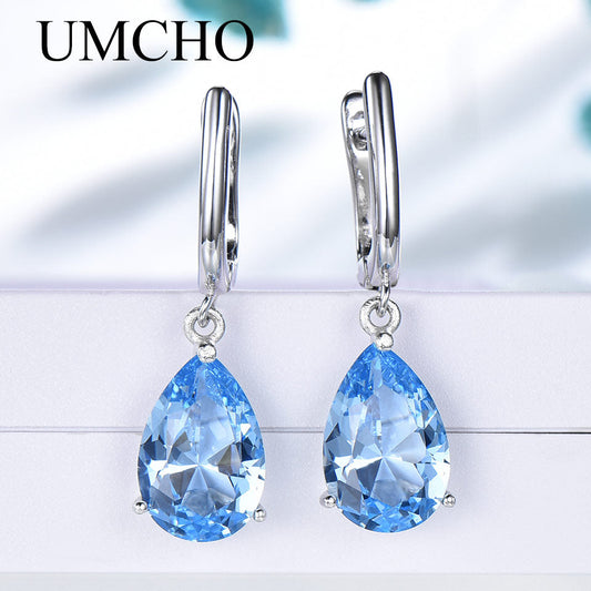 UMCHO Genuine 925 Sterling Silver Clip Earrings for Women Nano Blue Topaz Gemstone Engagement Wedding Anniversary Fine Jewelry