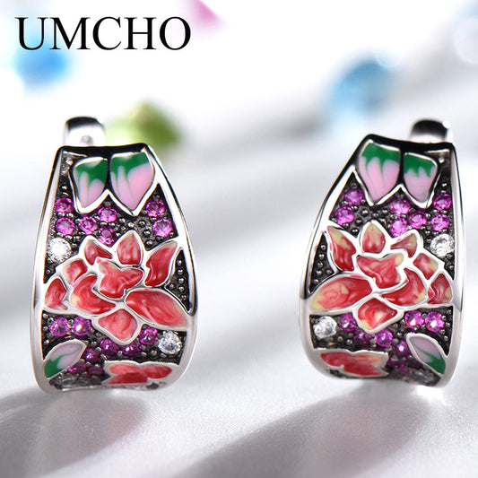 UMCHO Handmade Enamel Red Ruby Clip Earrings for Women Silver 925 Jewelry Party Wedding Gift  925 Sterling Silver Fine Jewelry