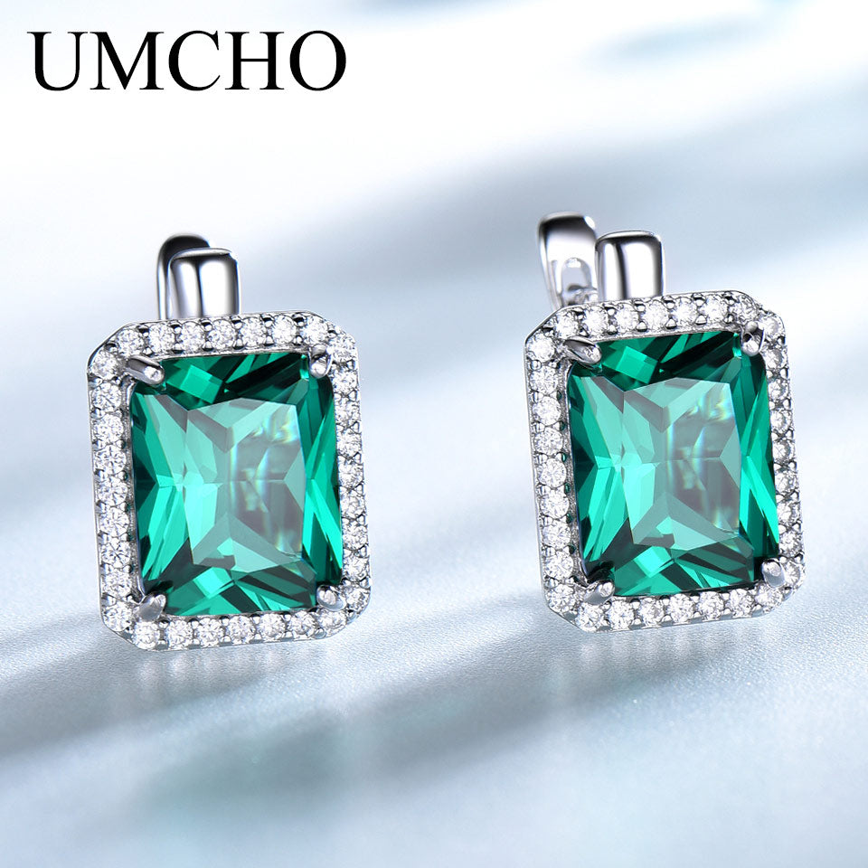 UMCHO Luxury Emerald Gemstone Clip On Earrings For Women Brand Fine Jewelry Solid 925 Sterling Silver Birthday Gift Fashion Gift