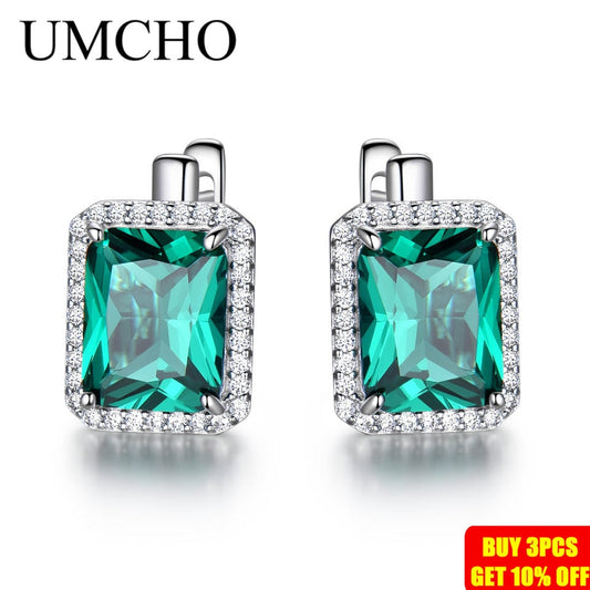 UMCHO Luxury Emerald Gemstone Clip On Earrings For Women Brand Fine Jewelry Solid 925 Sterling Silver Birthday Gift Fashion Gift