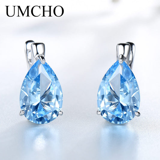 UMCHO Luxury Nano Gemstone Blue Topaz Clip Earrings For Women 925 Sterling Silver Clip On Earrings Water Drop Fine Jewelry Gift