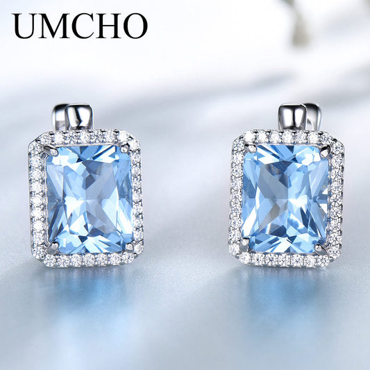 UMCHO Luxury Nano Sky Blue Topaz Gemstone Clip On Earrings Jewelry Solid 925 Sterling Silver Earrings For Women  Birthday Gift