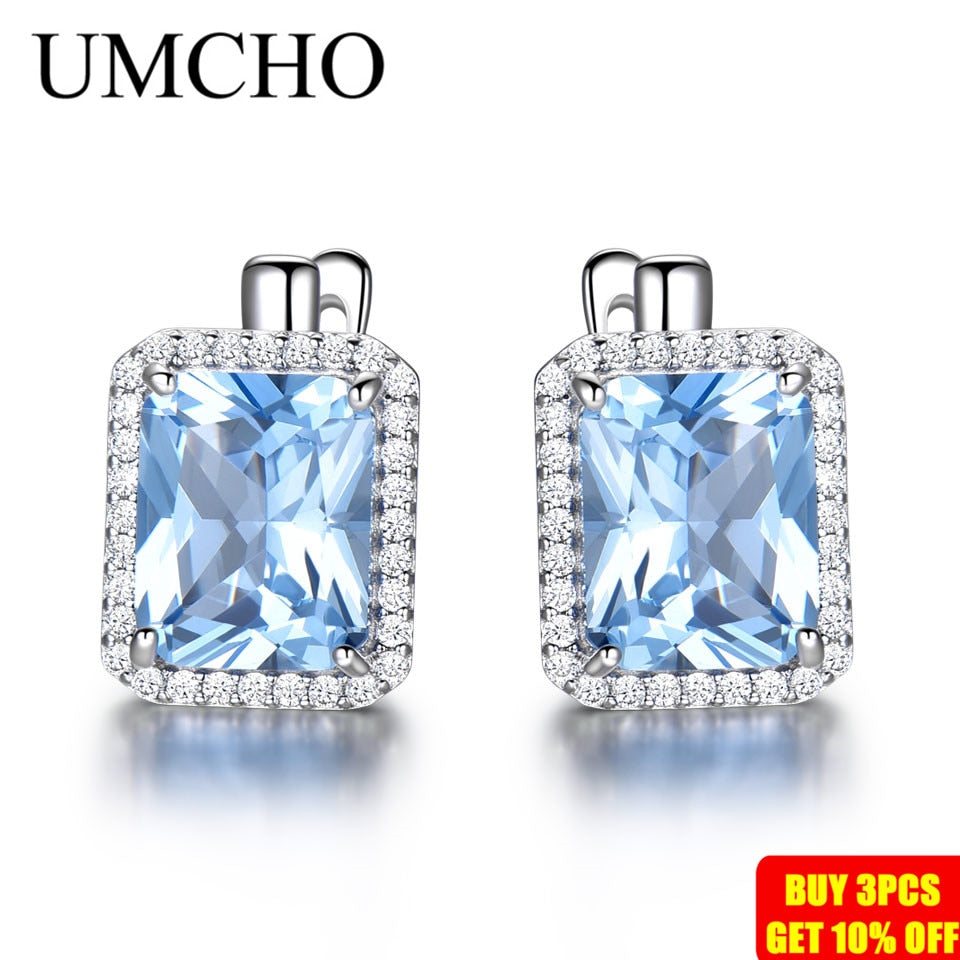 UMCHO Luxury Nano Sky Blue Topaz Gemstone Clip On Earrings Jewelry Solid 925 Sterling Silver Earrings For Women  Birthday Gift