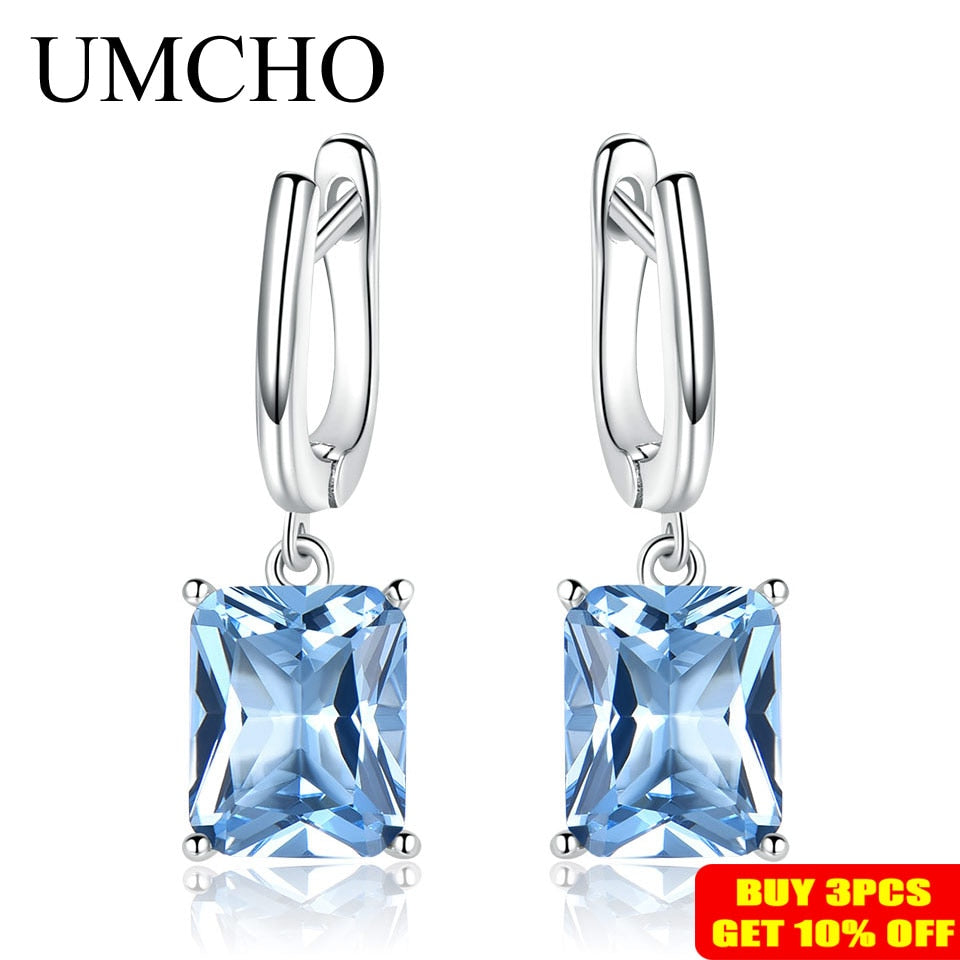 UMCHO Nano Blue Topaz Drop Earrings for Women Genuine 925 Sterling Silver Romantic Wedding Engagement Gemstone Fine Jewelry Gift