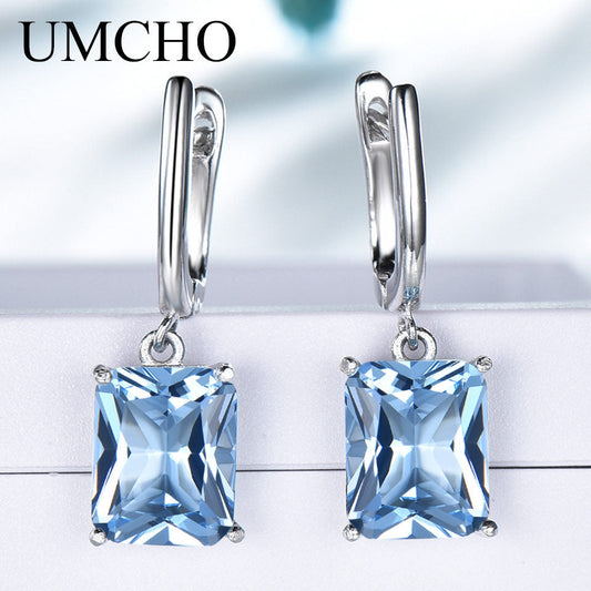 UMCHO Nano Blue Topaz Drop Earrings for Women Genuine 925 Sterling Silver Romantic Wedding Engagement Gemstone Fine Jewelry Gift