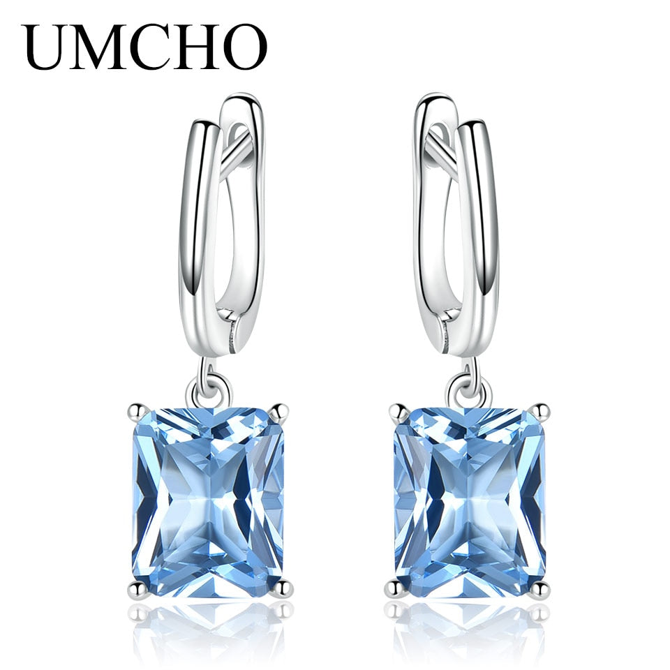 UMCHO Nano Blue Topaz Drop Earrings for Women Genuine 925 Sterling Silver Romantic Wedding Engagement Gemstone Fine Jewelry Gift