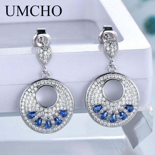 UMCHO Nano Sapphire Gemstone Earrings Genuine Sterling Silver Drop Earrings For Women Tredy Party Fine Jewelry New