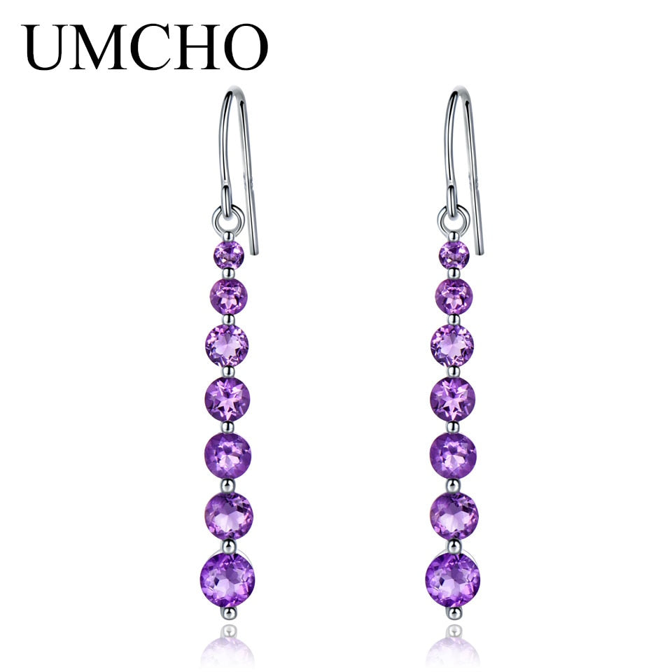UMCHO Natural Amethyst Purple Gemstone Earrings  For Women 925 Sterling Silver Drop Earrings Round Brand Fine jewelry Fashion