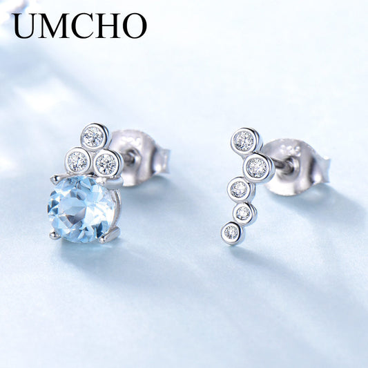 UMCHO Natural Blue Topaz 925 Sterling Silver Stud Earrings For Women Fine Jewelry Blue Gemstone Wedding Korea Earrings 2018 New