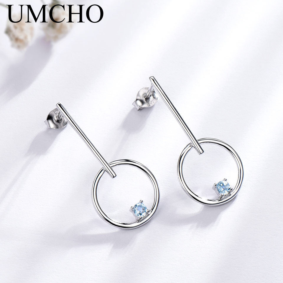 UMCHO Natural Sky Blue Topaz 925 Sterling Silver Earrings For Women Classic Wedding Christmas Drop Earrings Brand Fine Jewelry