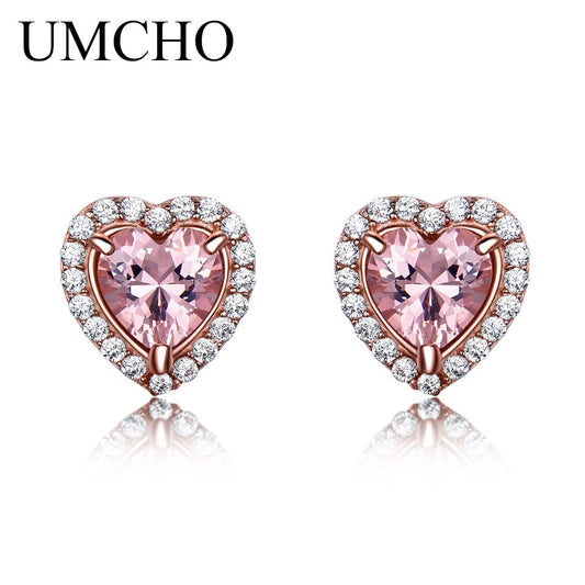 UMCHO Pink Morganite Gemstone Heart Stud Earrings for Women 925 Sterling Silver Earrings Anniversary Wedding Jewelry Party Gift