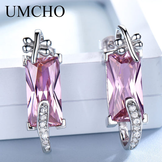 UMCHO Pure 925 Sterling Silver Drop Earrings Female Pink CZ Dangle Earrings For Women Jewelry Christmas Romantic Wedding Gift