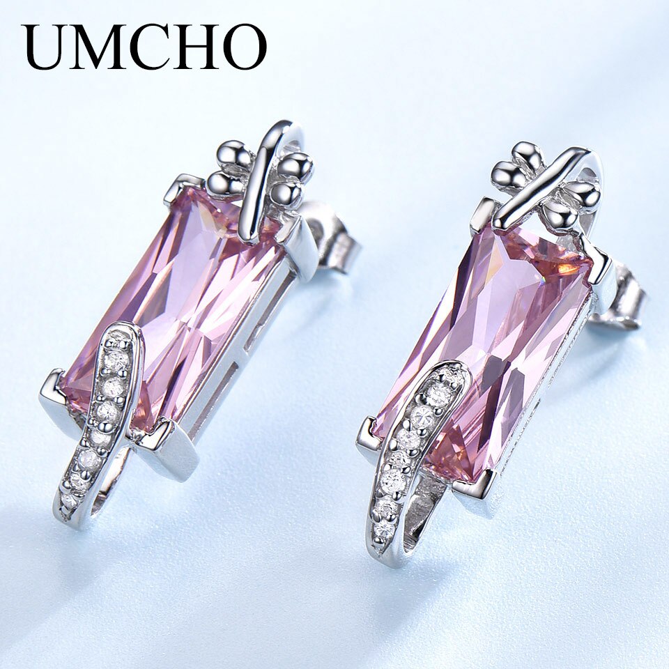 UMCHO Pure 925 Sterling Silver Drop Earrings Female Pink CZ Dangle Earrings For Women Jewelry Christmas Romantic Wedding Gift
