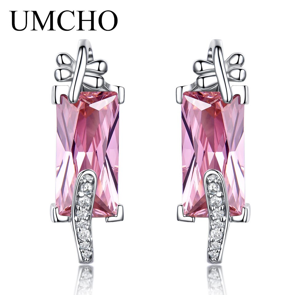 UMCHO Pure 925 Sterling Silver Drop Earrings Female Pink CZ Dangle Earrings For Women Jewelry Christmas Romantic Wedding Gift
