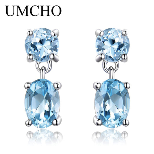 UMCHO Pure 925 Sterling Silver Drop Earrings For Women Oval Faceted Sky Blue Topaz Gemstone Earrings Christmas Gift Fine Jewelry