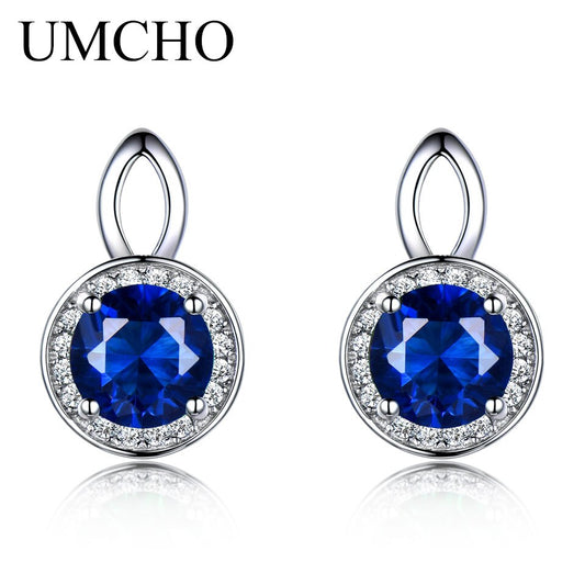 UMCHO Pure 925 Sterling Silver Stud Earrings For Women Blue Sapphire Gemstone Round Earrings for Women Fine Jewelry New Brand