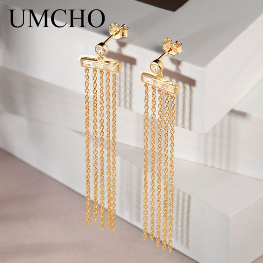 UMCHO Pure 925 Sterling Silver Tassel Drop Earrings For Women Bridal Romantic  Long Geometry Simple Fine Jewelry Dating Gift