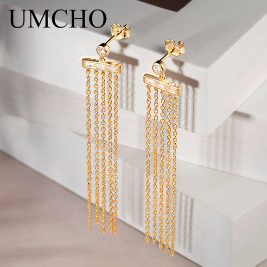 UMCHO Pure 925 Sterling Silver Tassel Drop Earrings For Women Bridal Romantic  Long Geometry Simple Fine Jewelry Dating Gift