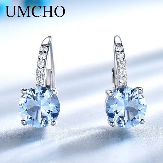 UMCHO Real 925 Sterling Silver Clip Earrings For Women Gemstone Sky Blue Topaz Female Earrings Round Wedding Valentine's Jewelry