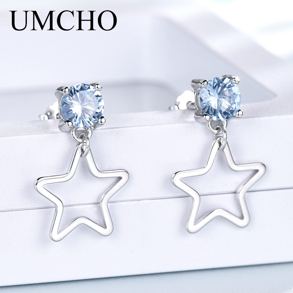 UMCHO Real 925 Sterling Silver Drop Earrings For Women Fashion Star Earrings Blue Topaz Gemstone Party Christmas Gift  For Girl