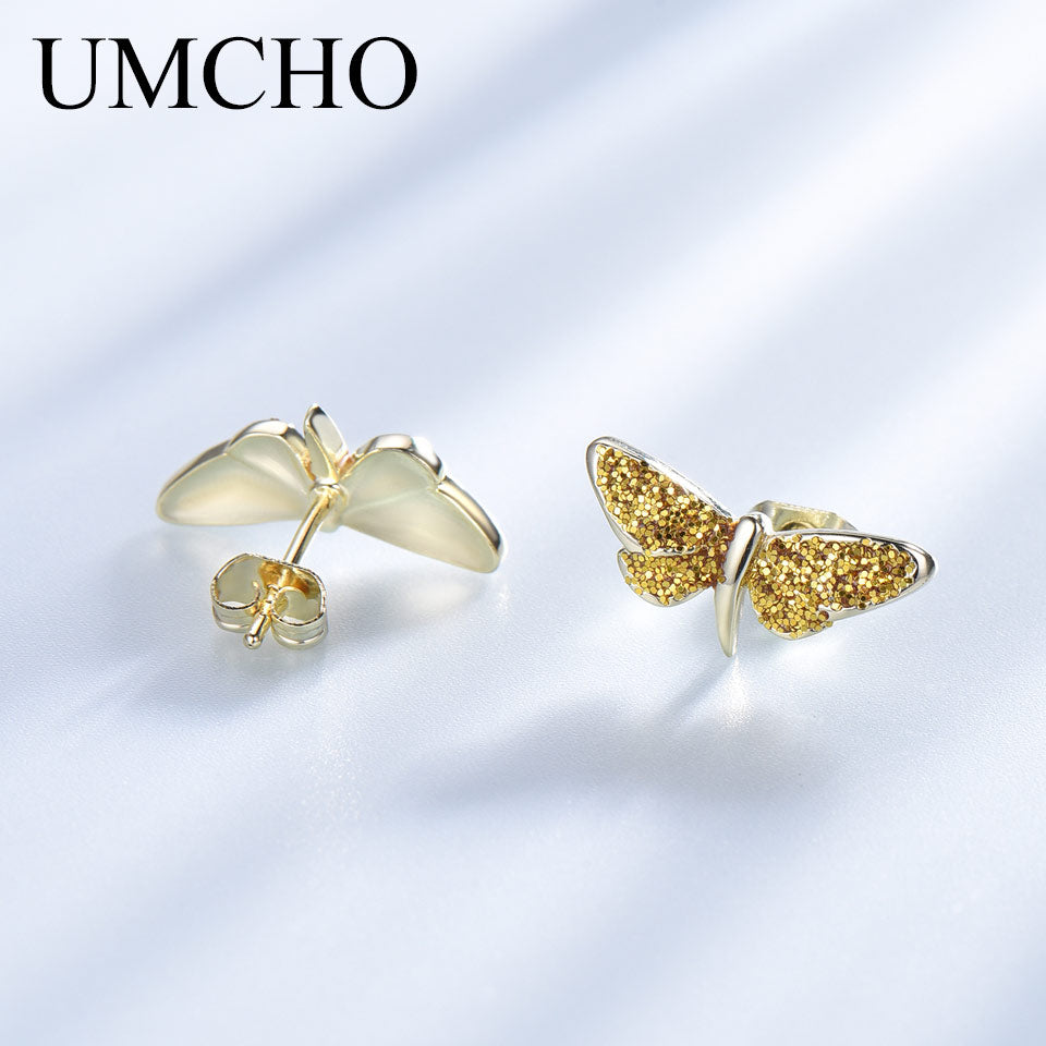 UMCHO Real 925 Sterling Silver Stud Earrings Glitter Butterfly Silver Earrings For Women Romantic Christmas Gift Fine Jewelry