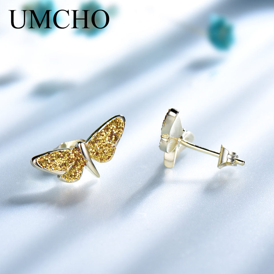 UMCHO Real 925 Sterling Silver Stud Earrings Glitter Butterfly Silver Earrings For Women Romantic Christmas Gift Fine Jewelry