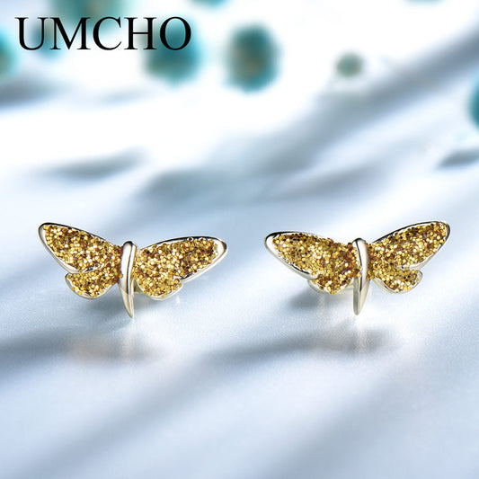 UMCHO Real 925 Sterling Silver Stud Earrings Glitter Butterfly Silver Earrings For Women Romantic Christmas Gift Fine Jewelry