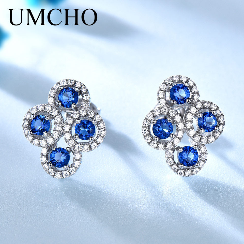 UMCHO Real 925 sterling silver Earrings For Women Created Blue Sapphire Stud Earrings With Stone Vintage Fine Jewelry New gift
