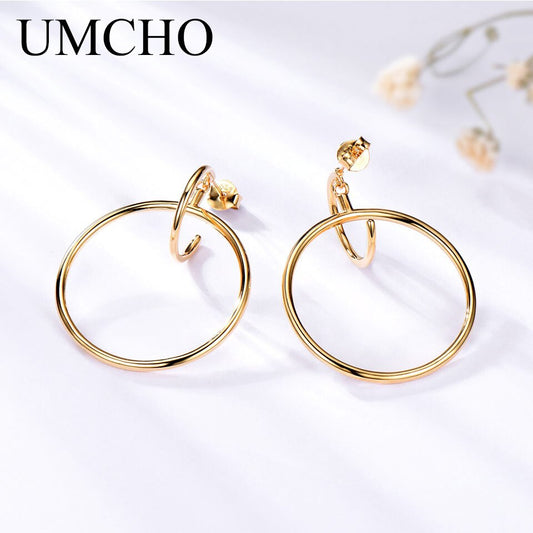 UMCHO Real  Pure 925 Sterling SilverHoop Earrings For Women Silver Earrings Circle Yellow Round Silver 925 Jewelry Party Gift