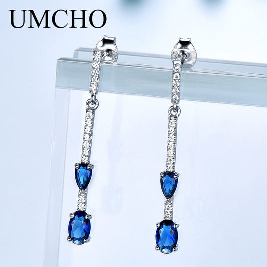 UMCHO Solid 925 Sterling Silver Drop Earrings For Women Blue Sapphire Earrings Wedding Handmade Jewelry Simple Modern Gift