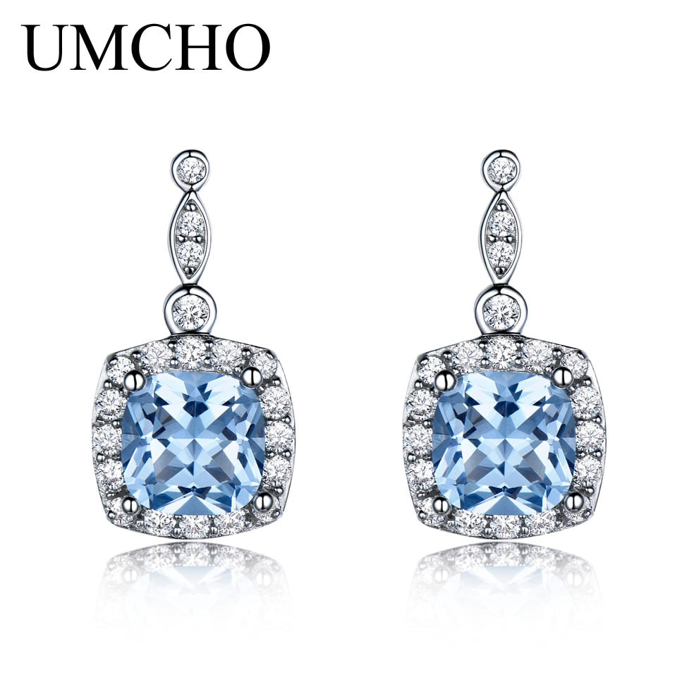 UMCHO Solid 925 Sterling Silver Drop Earrings For Women Sky Blue Topaz Gemstone Fine Jewelry Christmas Party Gift Fine Jewelry