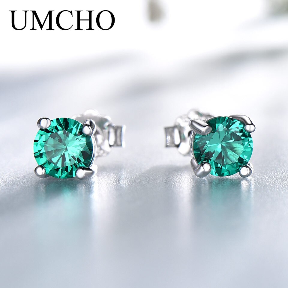 UMCHO Solid 925 Sterling Silver Emerald Gemstone Stud Earrings for Women Engagement Wedding Valentine's Day Gift Classic Jewelry