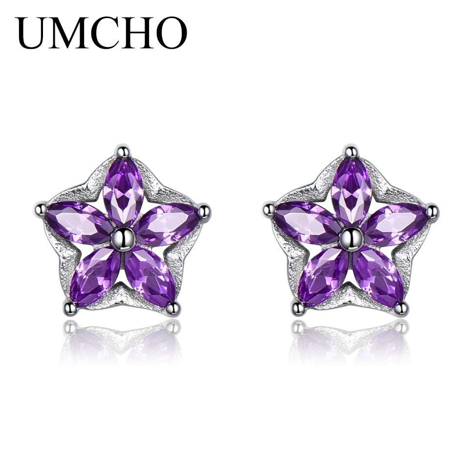 UMCHO Solid 925 Sterling Silver Flower Stud Earrings For Women Created Amethyst Gemstone Jewelry Silver Earrings Christmas Gift