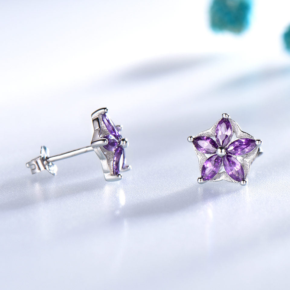 UMCHO Solid 925 Sterling Silver Flower Stud Earrings For Women Created Amethyst Gemstone Jewelry Silver Earrings Christmas Gift