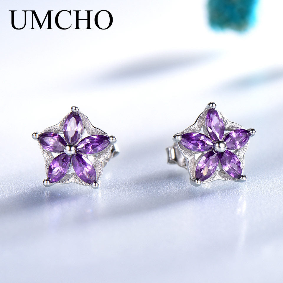 UMCHO Solid 925 Sterling Silver Flower Stud Earrings For Women Created Amethyst Gemstone Jewelry Silver Earrings Christmas Gift