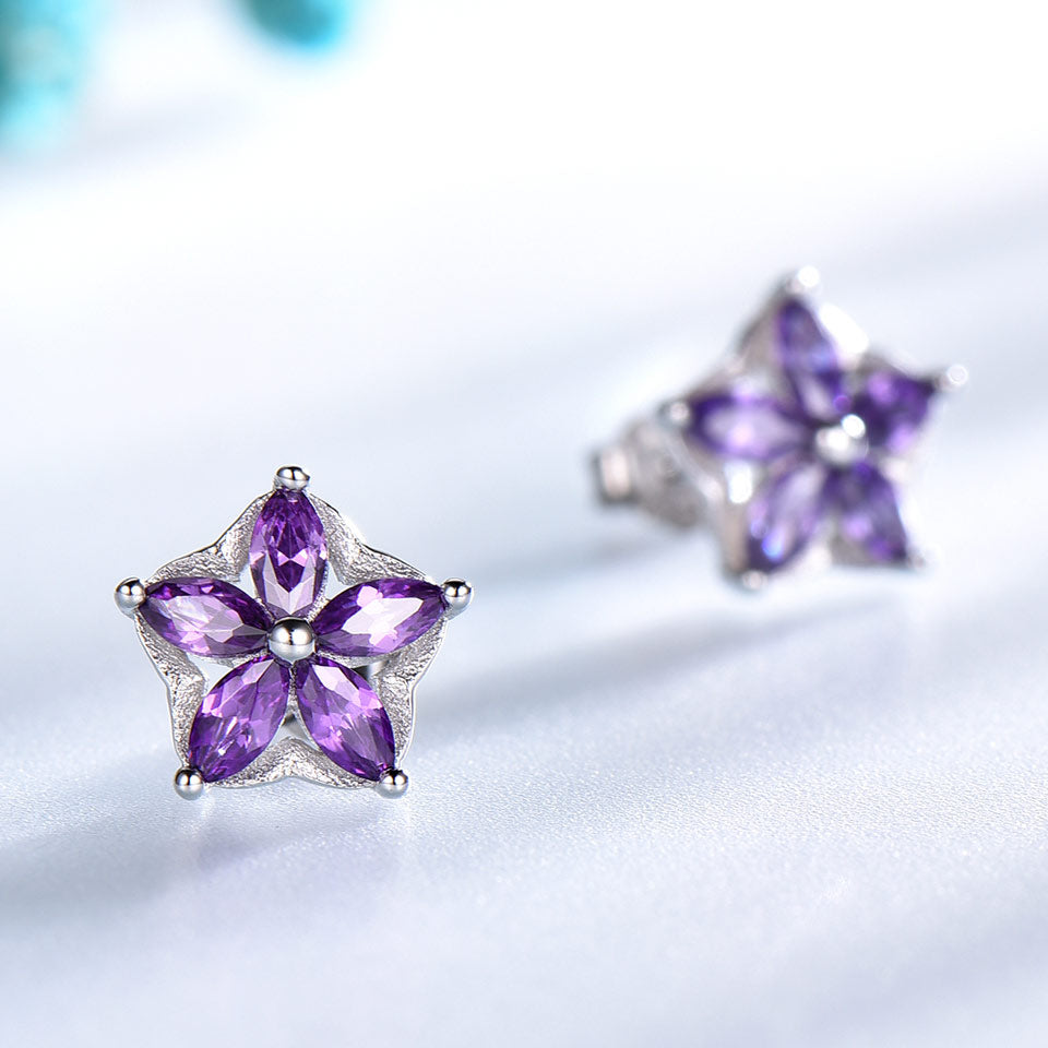 UMCHO Solid 925 Sterling Silver Flower Stud Earrings For Women Created Amethyst Gemstone Jewelry Silver Earrings Christmas Gift