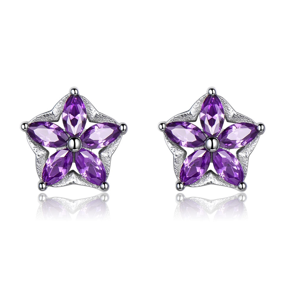 UMCHO Solid 925 Sterling Silver Flower Stud Earrings For Women Created Amethyst Gemstone Jewelry Silver Earrings Christmas Gift