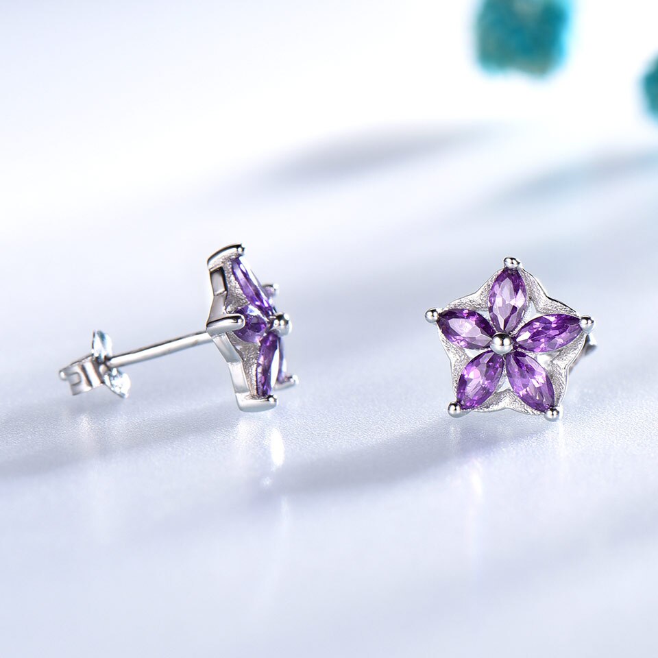 UMCHO Solid 925 Sterling Silver Flower Stud Earrings For Women Created Amethyst Gemstone Jewelry Silver Earrings Christmas Gift