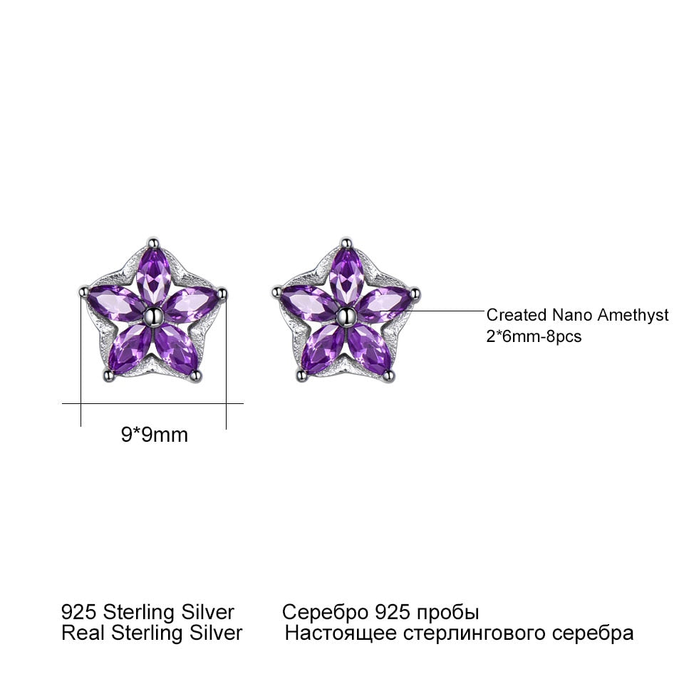 UMCHO Solid 925 Sterling Silver Flower Stud Earrings For Women Created Amethyst Gemstone Jewelry Silver Earrings Christmas Gift