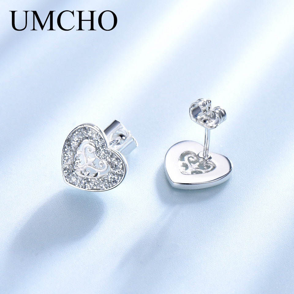UMCHO Solid 925 Sterling Silver Stud Earrings Glitter Heart Earrings For Women Sweet Cute Gift Korea Fashion  Jewelry