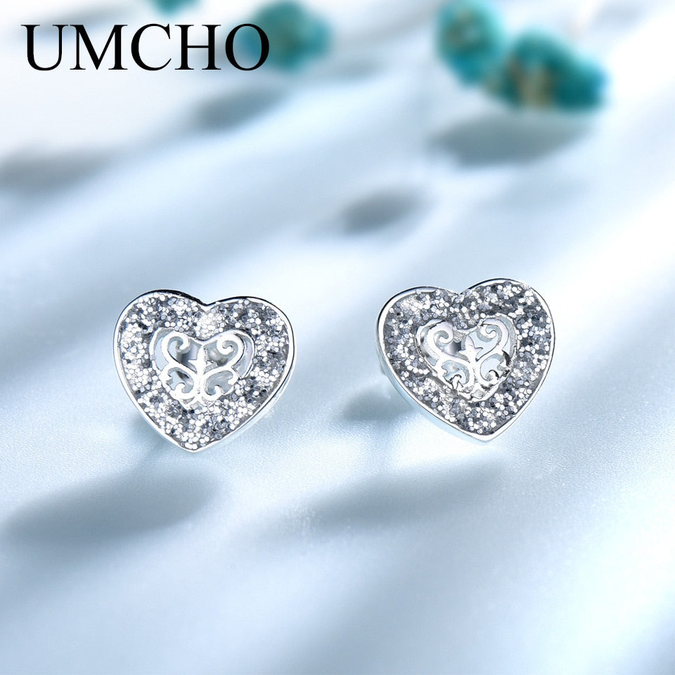 UMCHO Solid 925 Sterling Silver Stud Earrings Glitter Heart Earrings For Women Sweet Cute Gift Korea Fashion  Jewelry